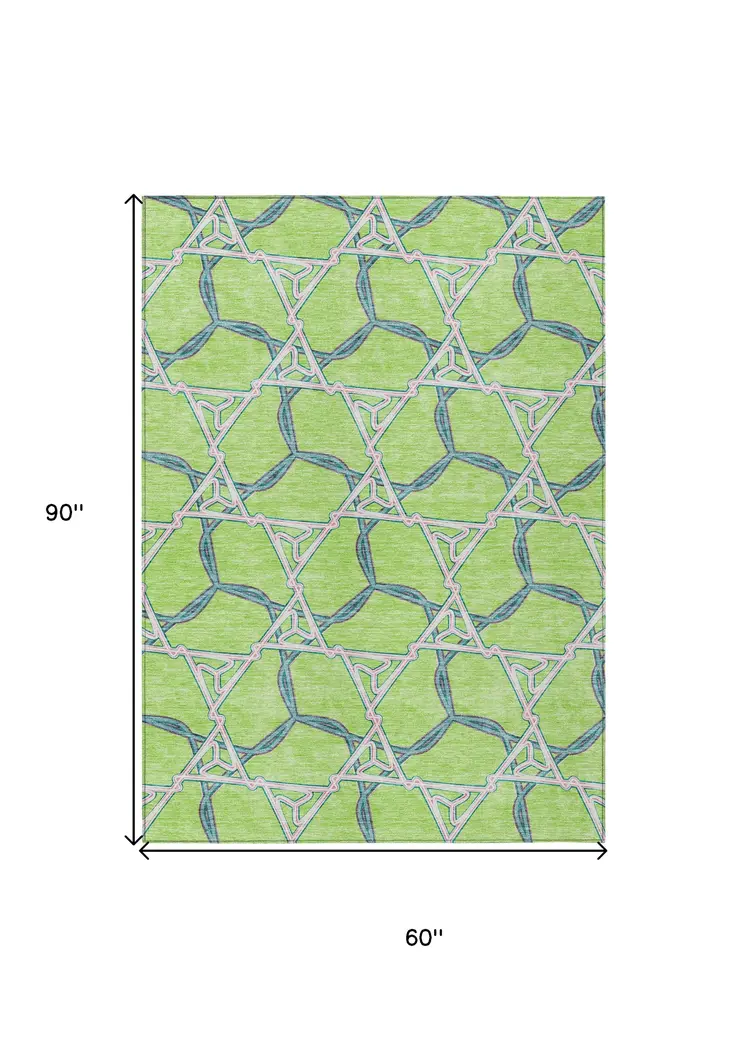 5' X 8' Lime Green And Blue Geometric Washable Indoor Outdoor Area Rug