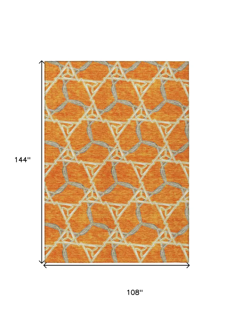 9' X 12' Orange And Blue Geometric Washable Indoor Outdoor Area Rug