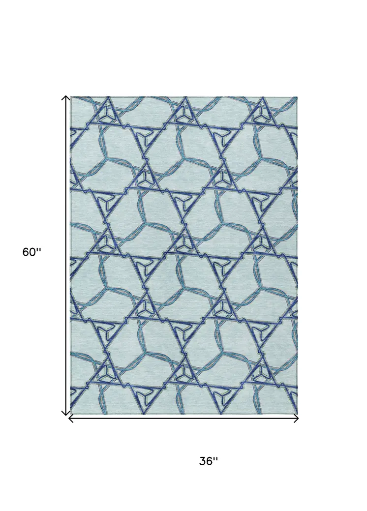 3' X 5' Sky Blue And Navy Blue Geometric Washable Indoor Outdoor Area Rug