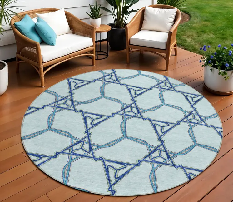 8' Sky Blue And Navy Blue Round Geometric Washable Indoor Outdoor Area Rug