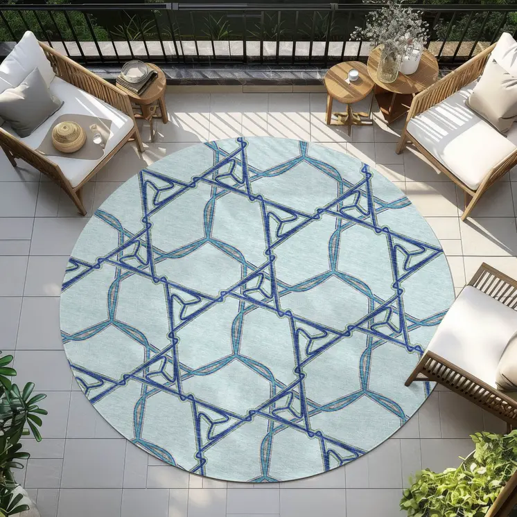 8' Sky Blue And Navy Blue Round Geometric Washable Indoor Outdoor Area Rug