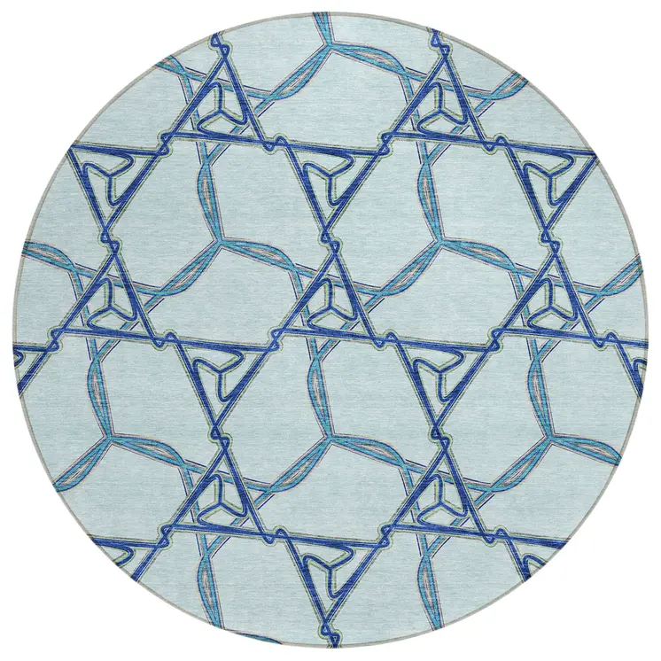 8' Sky Blue And Navy Blue Round Geometric Washable Indoor Outdoor Area Rug