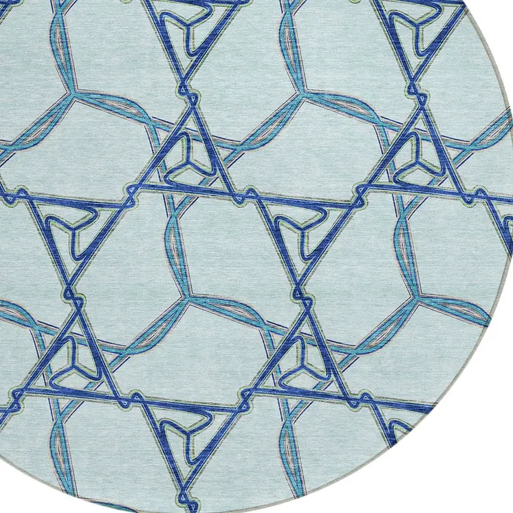 8' Sky Blue And Navy Blue Round Geometric Washable Indoor Outdoor Area Rug