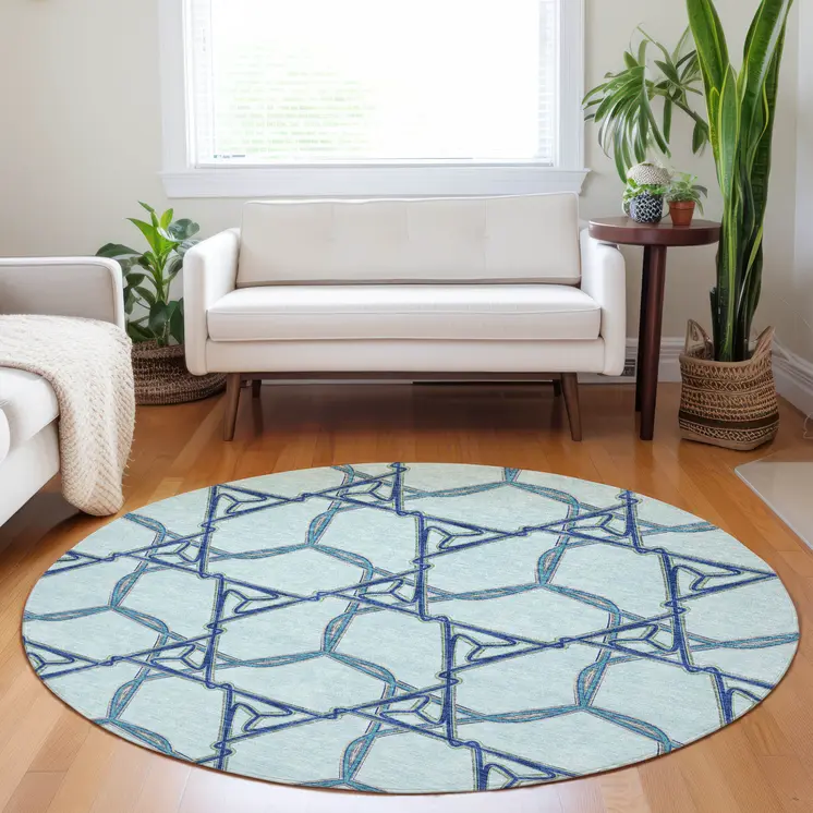 8' Sky Blue And Navy Blue Round Geometric Washable Indoor Outdoor Area Rug