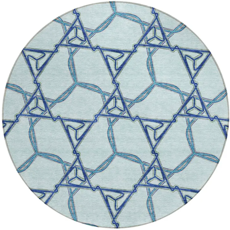 8' Sky Blue And Navy Blue Round Geometric Washable Indoor Outdoor Area Rug