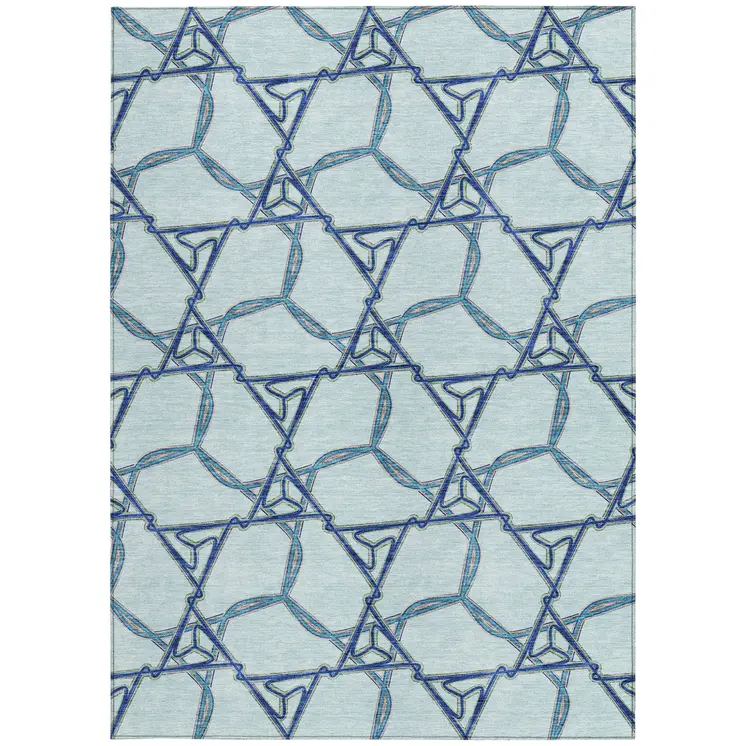 9' X 12' Sky Blue And Navy Blue Geometric Washable Indoor Outdoor Area Rug