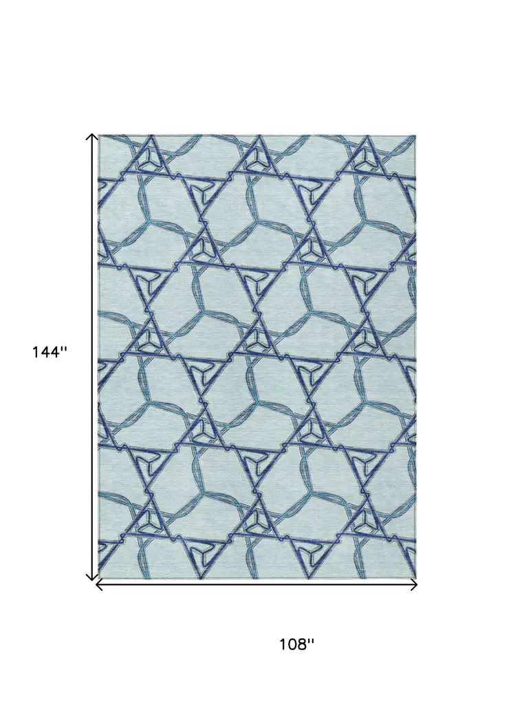 9' X 12' Sky Blue And Navy Blue Geometric Washable Indoor Outdoor Area Rug