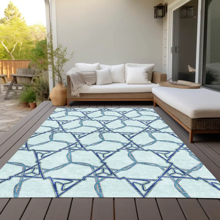 9' X 12' Sky Blue And Navy Blue Geometric Washable Indoor Outdoor Area Rug