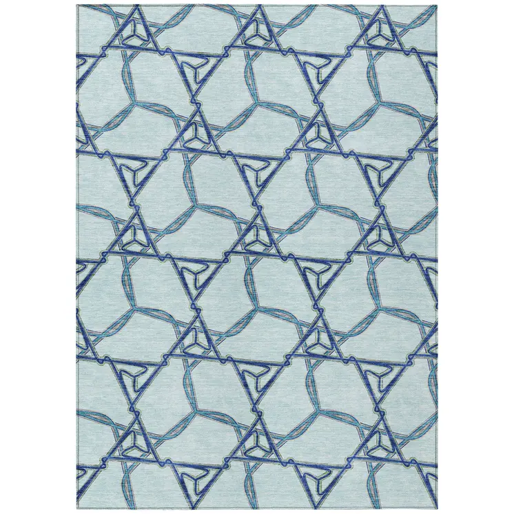 9' X 12' Sky Blue And Navy Blue Geometric Washable Indoor Outdoor Area Rug