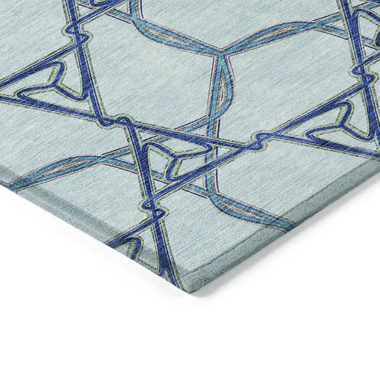9' X 12' Sky Blue And Navy Blue Geometric Washable Indoor Outdoor Area Rug