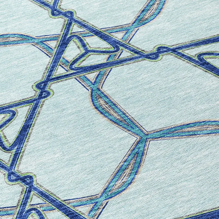 9' X 12' Sky Blue And Navy Blue Geometric Washable Indoor Outdoor Area Rug