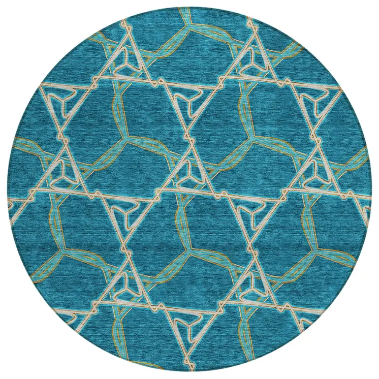 8' Teal Blue And Beige Round Geometric Washable Indoor Outdoor Area Rug