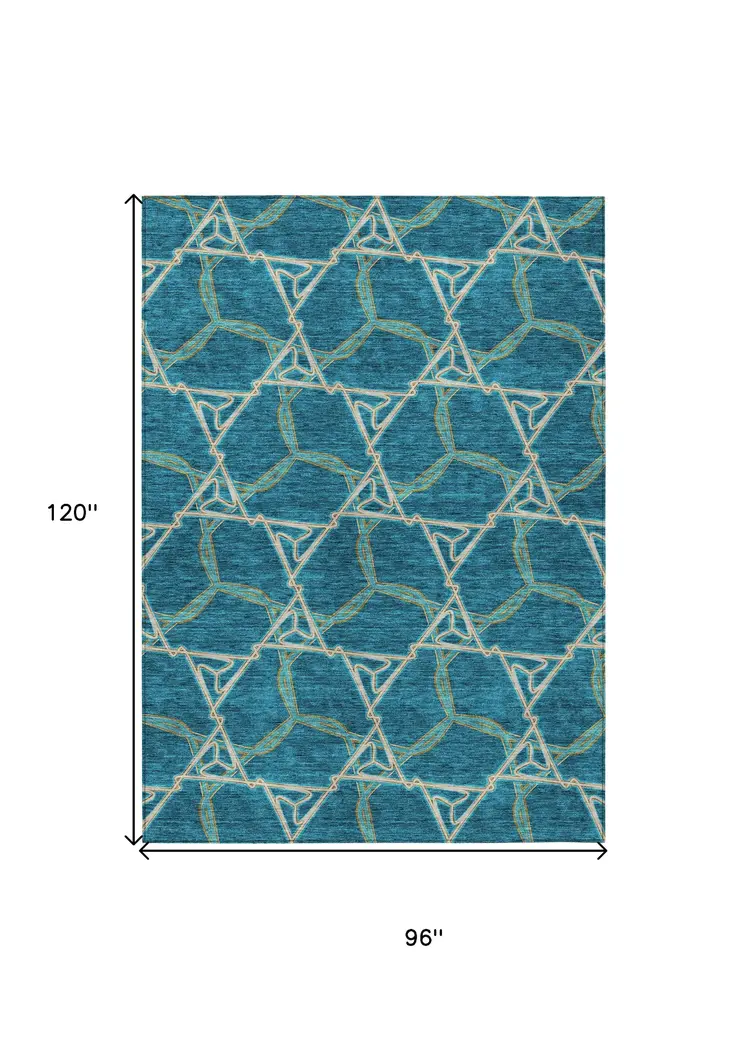 8' X 10' Teal Blue And Beige Geometric Washable Indoor Outdoor Area Rug