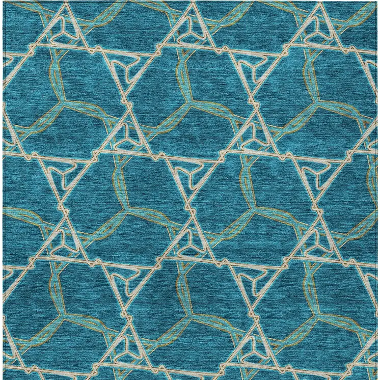 9' X 12' Teal Blue And Beige Geometric Washable Indoor Outdoor Area Rug