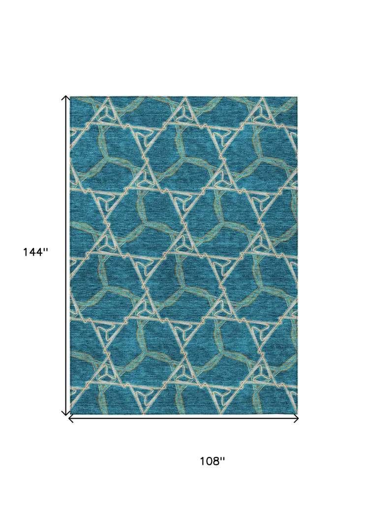 9' X 12' Teal Blue And Beige Geometric Washable Indoor Outdoor Area Rug