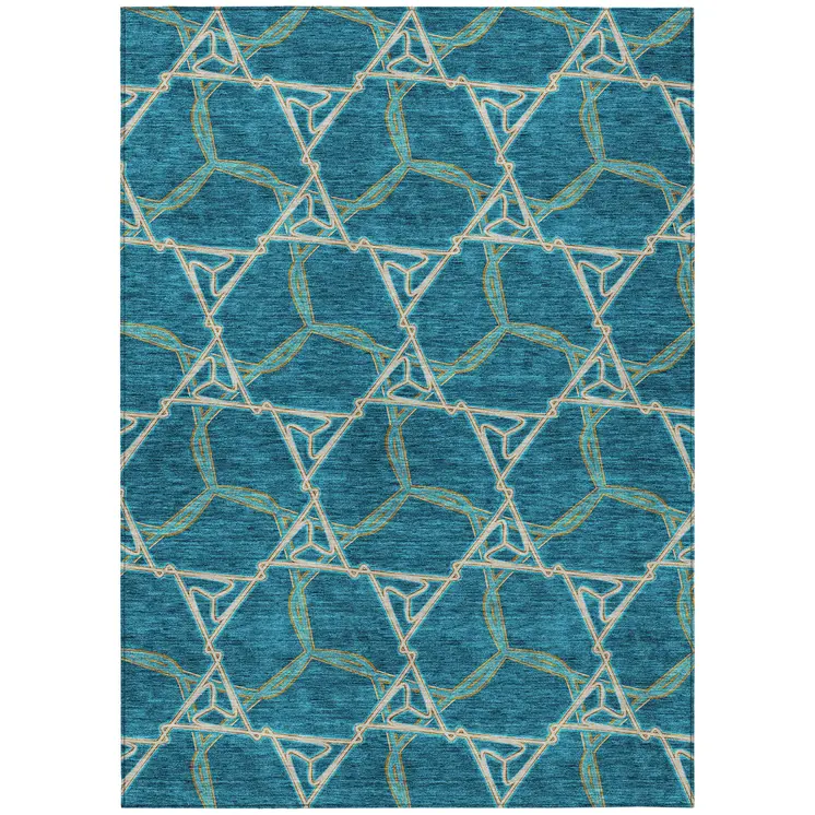 9' X 12' Teal Blue And Beige Geometric Washable Indoor Outdoor Area Rug