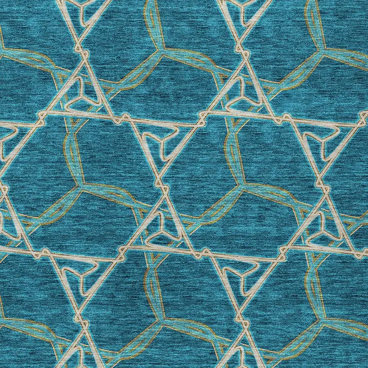 9' X 12' Teal Blue And Beige Geometric Washable Indoor Outdoor Area Rug