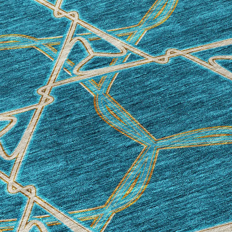 9' X 12' Teal Blue And Beige Geometric Washable Indoor Outdoor Area Rug
