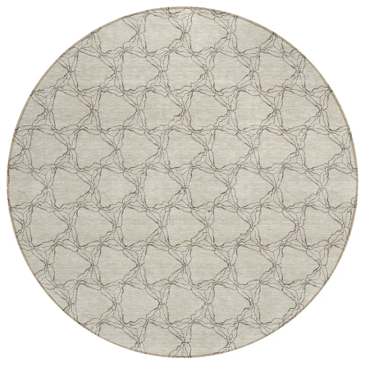 8' Beige And Taupe Round Geometric Washable Indoor Outdoor Area Rug