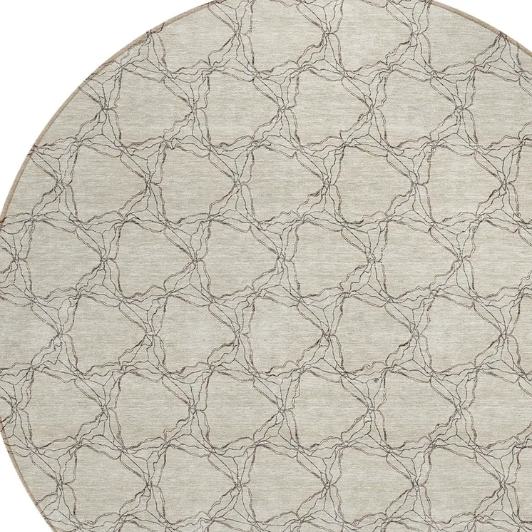 8' Beige And Taupe Round Geometric Washable Indoor Outdoor Area Rug