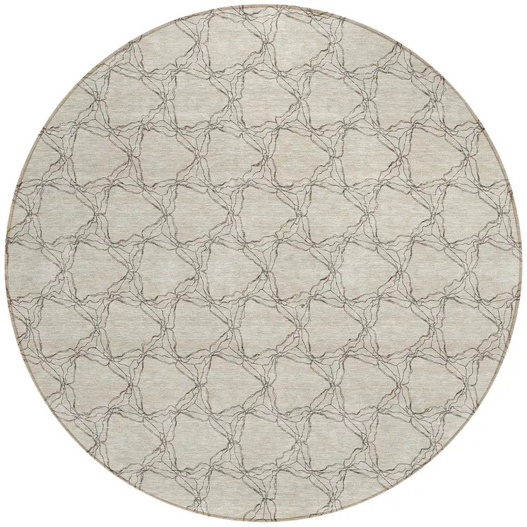 8' Beige And Taupe Round Geometric Washable Indoor Outdoor Area Rug