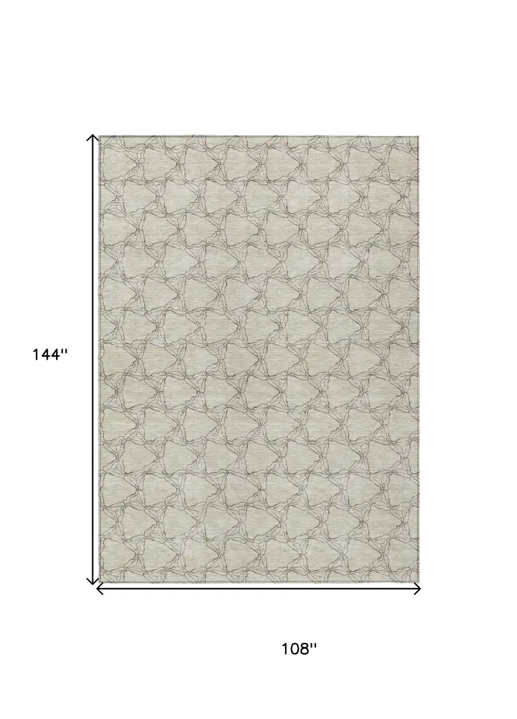 9' X 12' Beige And Taupe Geometric Washable Indoor Outdoor Area Rug