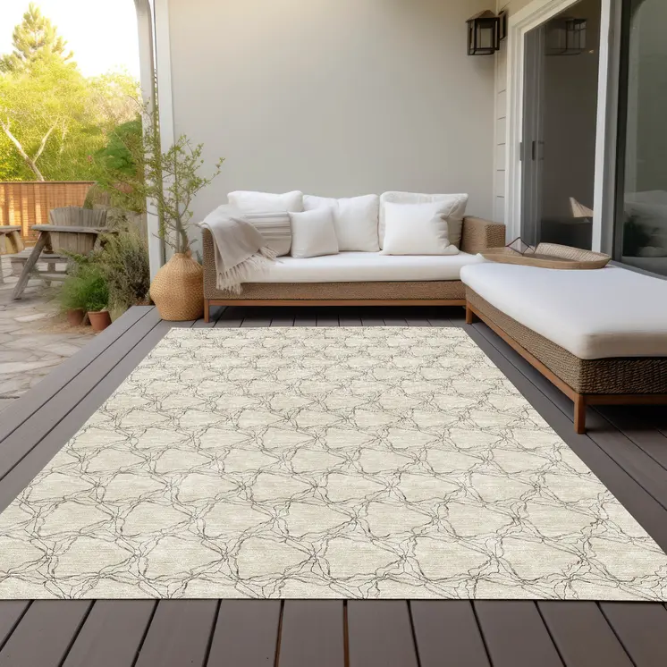9' X 12' Beige And Taupe Geometric Washable Indoor Outdoor Area Rug