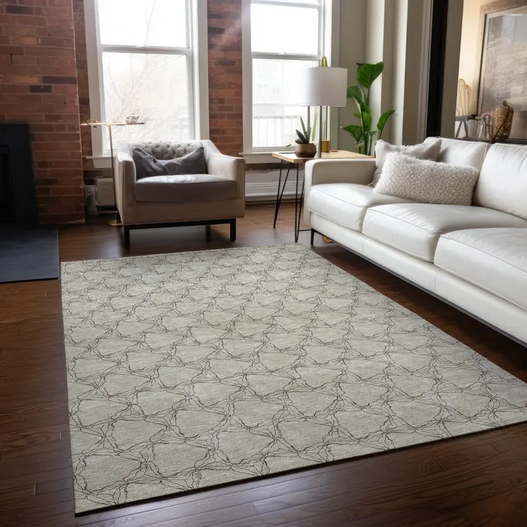 9' X 12' Beige And Taupe Geometric Washable Indoor Outdoor Area Rug