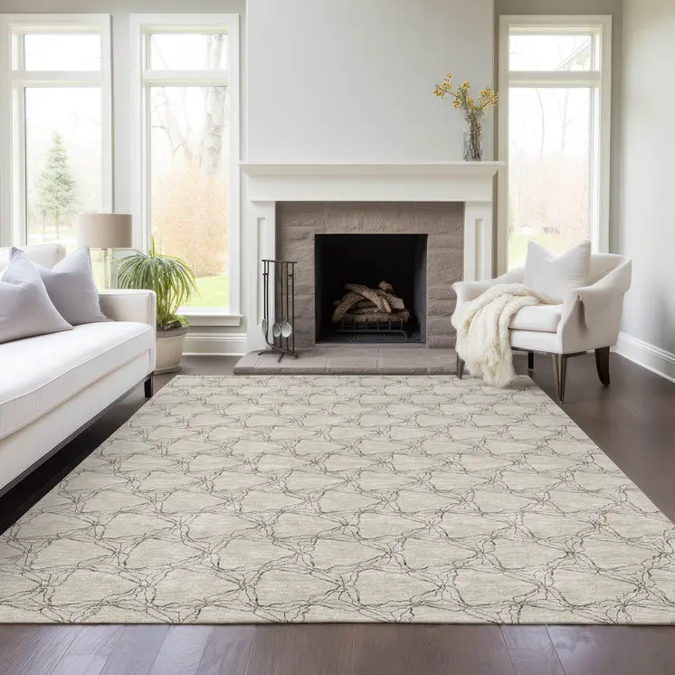10' X 14' Beige And Taupe Geometric Washable Indoor Outdoor Area Rug