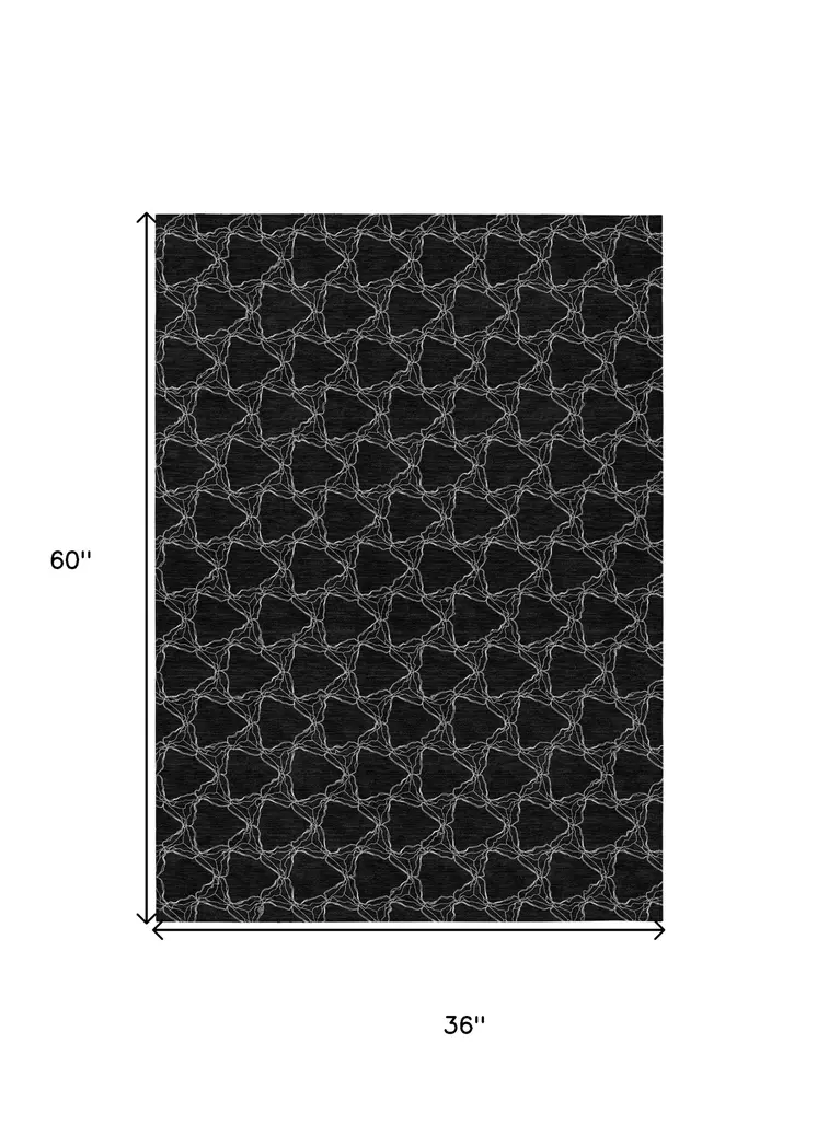 3' X 5' Black And White Geometric Washable Indoor Outdoor Area Rug