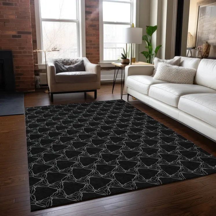 5' X 8' Black And White Geometric Washable Indoor Outdoor Area Rug