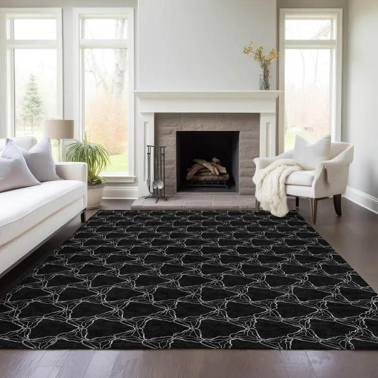 5' X 8' Black And White Geometric Washable Indoor Outdoor Area Rug
