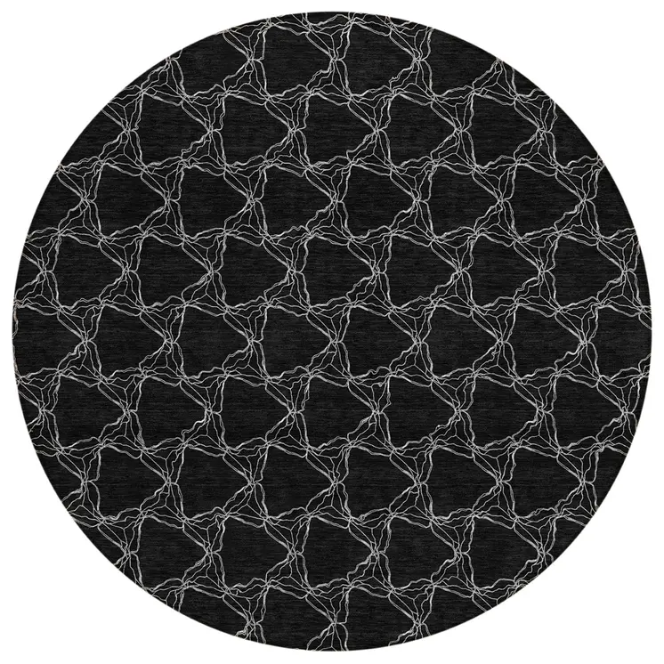 8' Black And White Round Geometric Washable Indoor Outdoor Area Rug