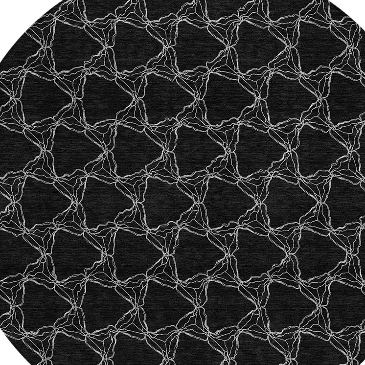 8' Black And White Round Geometric Washable Indoor Outdoor Area Rug
