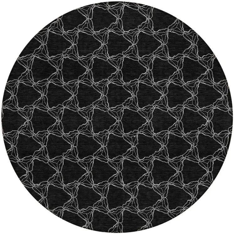 8' Black And White Round Geometric Washable Indoor Outdoor Area Rug