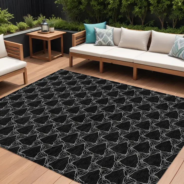 8' X 10' Black And White Geometric Washable Indoor Outdoor Area Rug