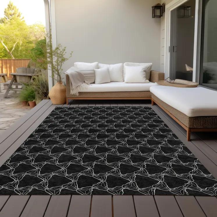 8' X 10' Black And White Geometric Washable Indoor Outdoor Area Rug