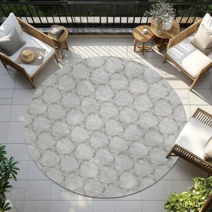 8' Gray And Black Round Geometric Washable Indoor Outdoor Area Rug