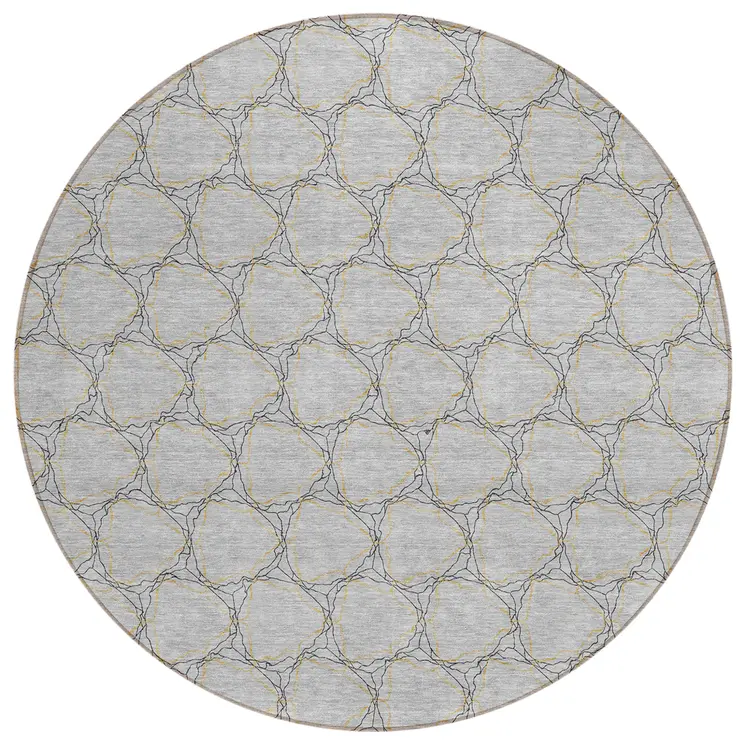 8' Gray And Black Round Geometric Washable Indoor Outdoor Area Rug