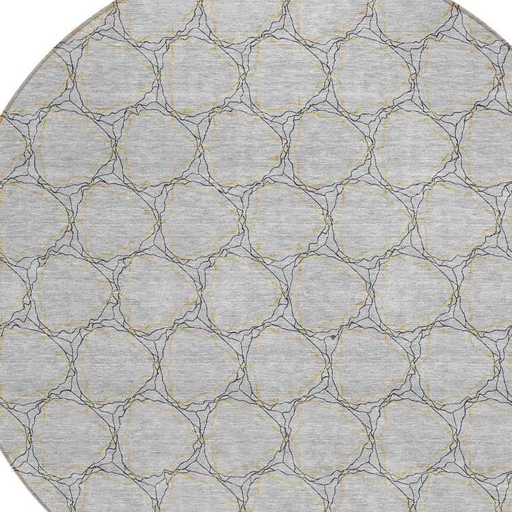 8' Gray And Black Round Geometric Washable Indoor Outdoor Area Rug