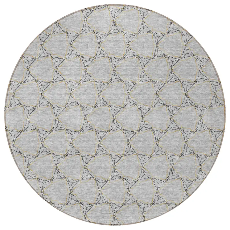 8' Gray And Black Round Geometric Washable Indoor Outdoor Area Rug