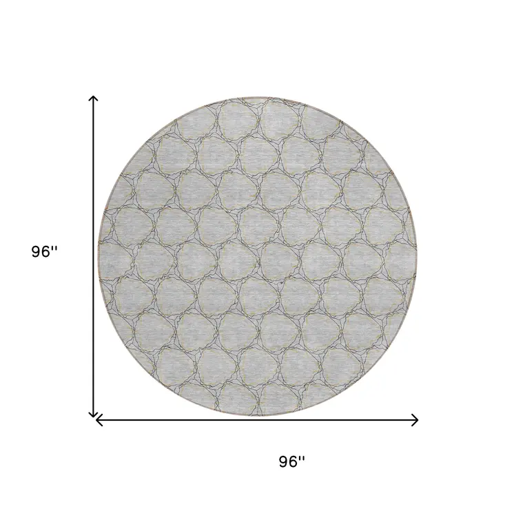 8' Gray And Black Round Geometric Washable Indoor Outdoor Area Rug