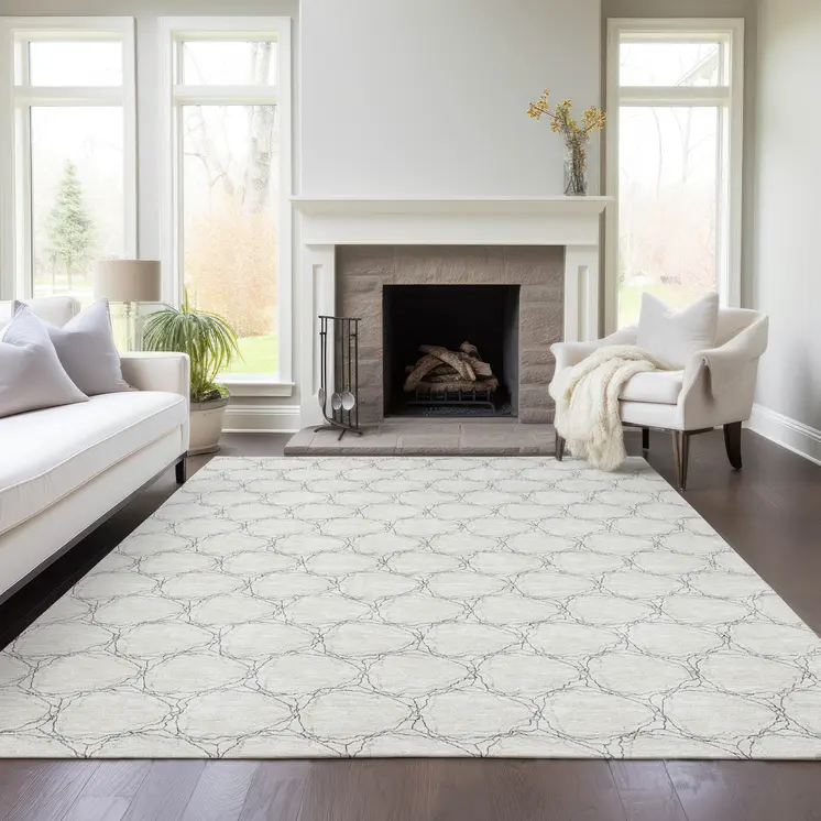 8' X 10' Ivory And Black Geometric Washable Indoor Outdoor Area Rug