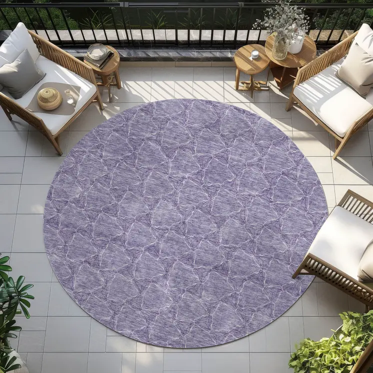 8' Lavender And Ivory Round Geometric Washable Indoor Outdoor Area Rug