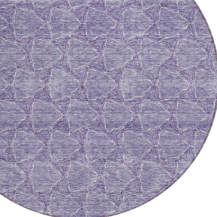 8' Lavender And Ivory Round Geometric Washable Indoor Outdoor Area Rug