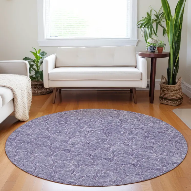 8' Lavender And Ivory Round Geometric Washable Indoor Outdoor Area Rug