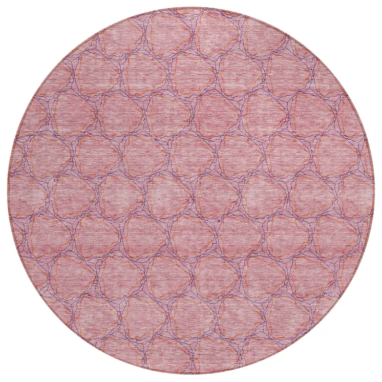 8' Pink And Purple Round Geometric Washable Indoor Outdoor Area Rug