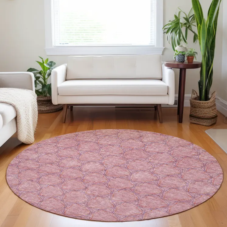 8' Pink And Purple Round Geometric Washable Indoor Outdoor Area Rug