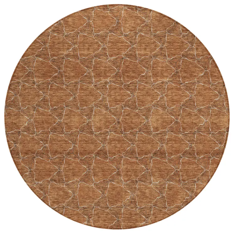 8' Orange And Ivory Round Geometric Washable Indoor Outdoor Area Rug