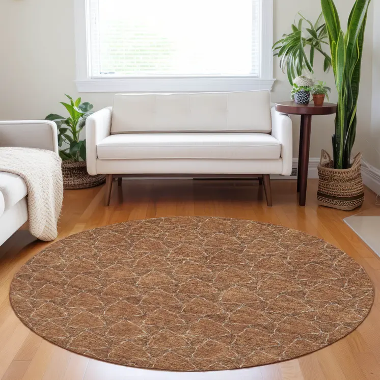 8' Orange And Ivory Round Geometric Washable Indoor Outdoor Area Rug
